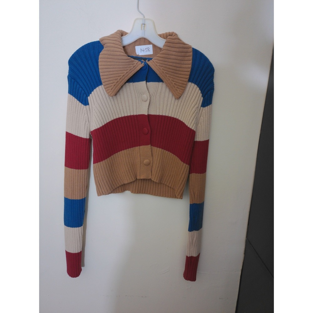 En Saison Cardigan Women Small Multi Colorblock Ribbed Knit Cropped Button Front